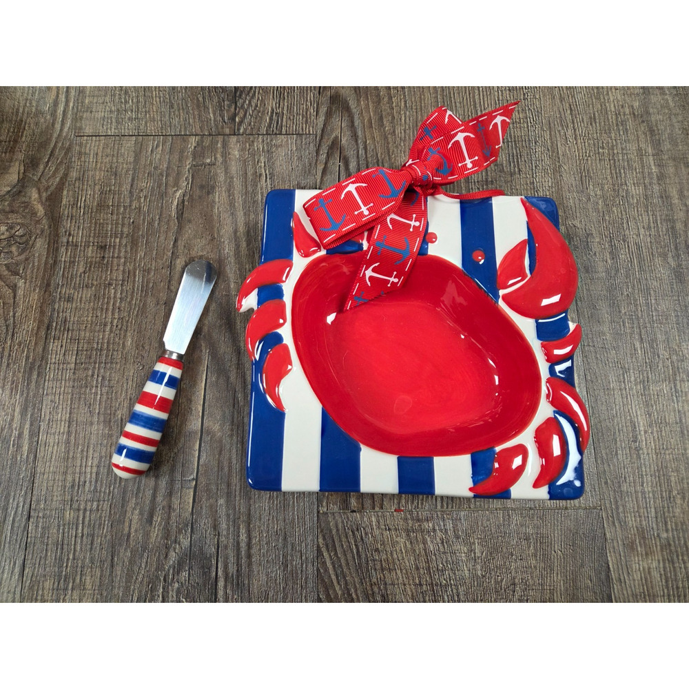 Mud Pie Red Blue White Crab Dip Bowl with Spreader